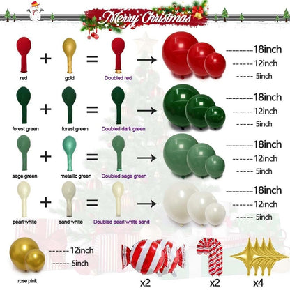 Christmas Red and Green Balloon Garland Arch Kit Pearl White Gold Foil Candy Cane Balloons With Gold 4-Point Star Balloons For Christmas Party Decorations