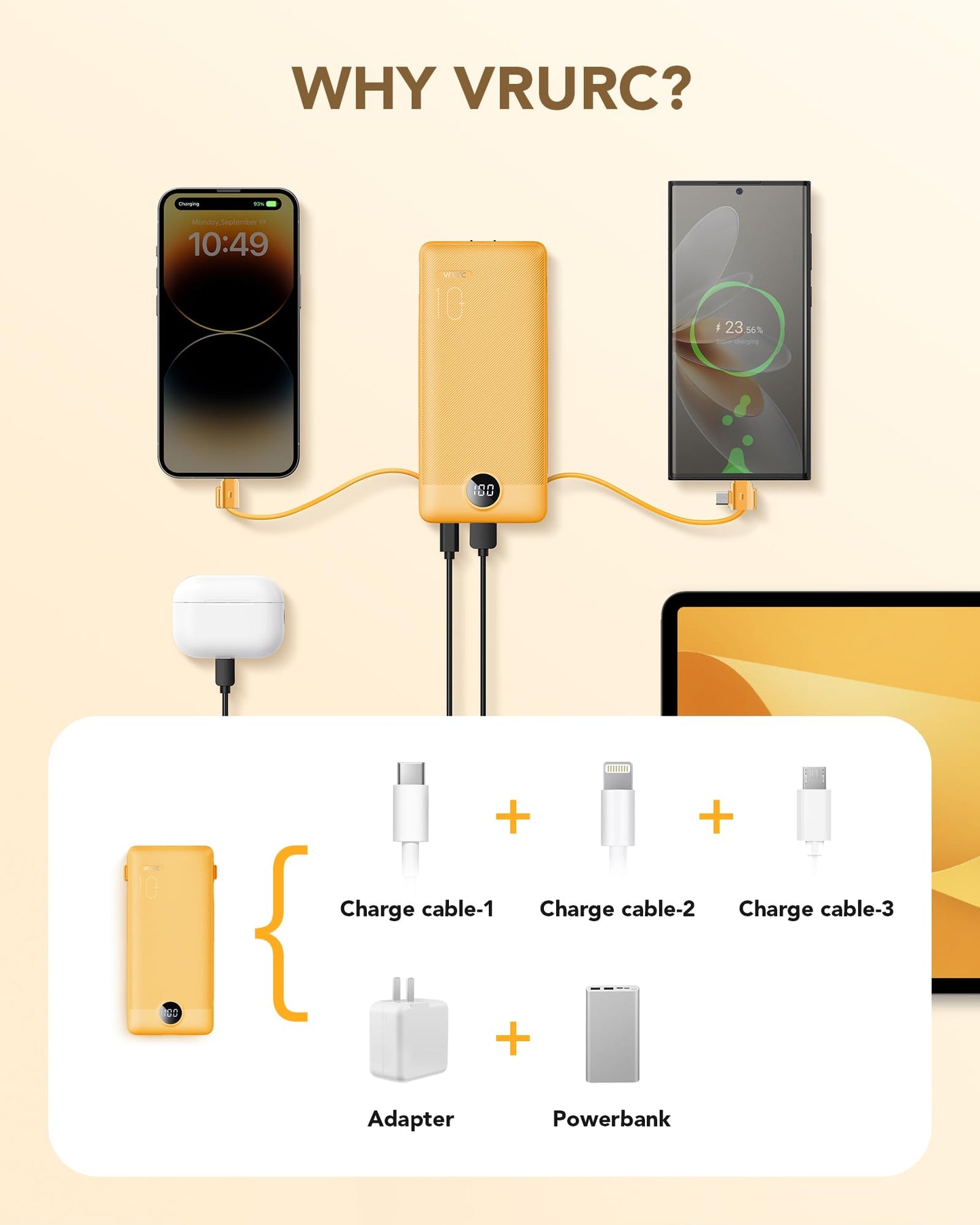 VRURC Portable Charger Built-in Cables and AC Wall Plug, USB C Power Bank 10000mAh, Travel Essentials Phone Charger Compact Lightweight External Battery Pack for Smart Phones, Tablets etc-Pink
