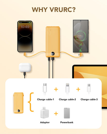 VRURC Portable Charger Built-in Cables and AC Wall Plug, USB C Power Bank 10000mAh, Travel Essentials Phone Charger Compact Lightweight External Battery Pack for Smart Phones, Tablets etc-Pink