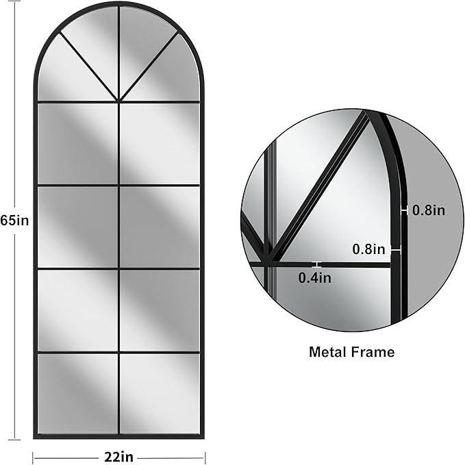 Full Length Mirror, 65"x22" Arched Window Pane Mirrors for Wall Decor, Black Full Body or Wall Mounted Mirrors, Farmhouse Standing Mirror Hanging or Leaning for Living Room, Entryway, No Stand