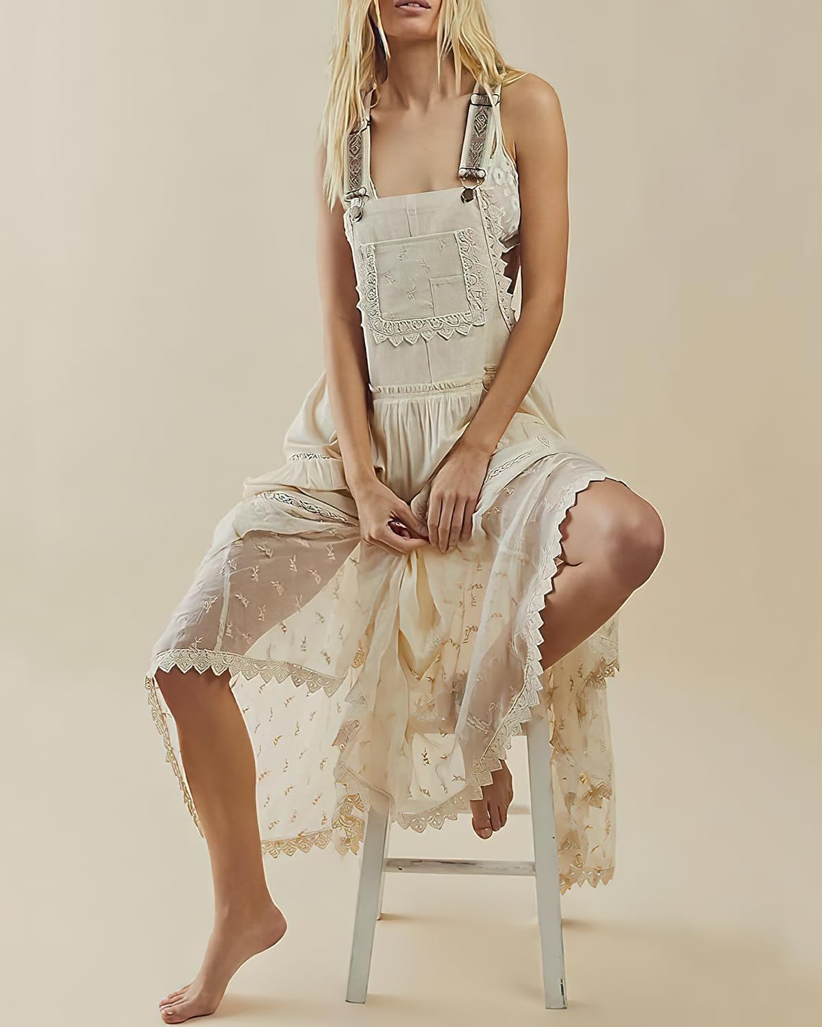 ebossy Women's Laced Embroidered Tulle Bib Dress Casual Loose Adjustable Straps Maxi Dress (M, Apricot)