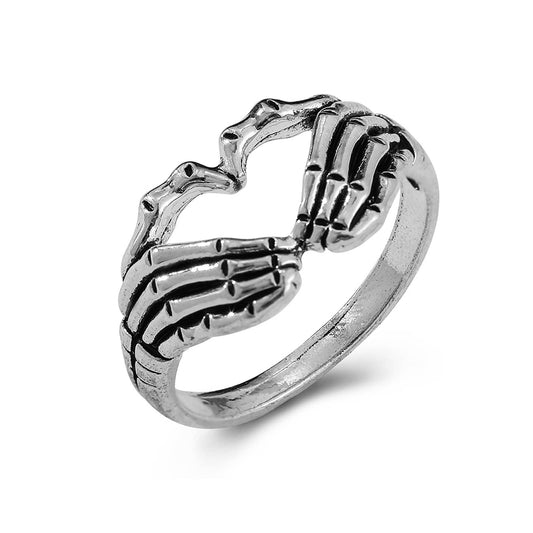 FORUBUS Retro Skull Hand Heart Ring Gothic Style Love Heart Gesture Skeleton Hand Ring for Rock Biker Halloween Trick Costume Jewelry-8