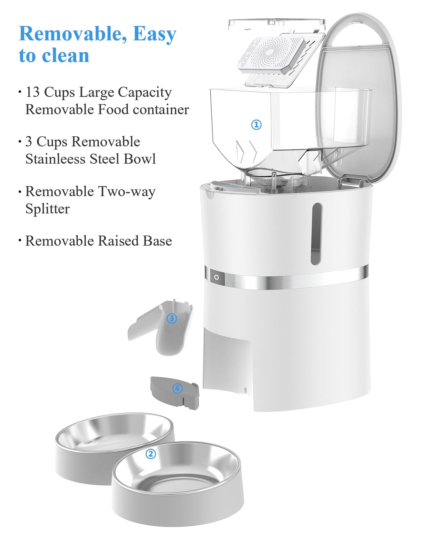 Automatic Cat Feeder, WellToBe Pet Feeder Food Dispenser for Cat & Small Dog with Two-Way Splitter and Double Bowls, up to 6 Meals with Portion Control, Voice Recorder - Battery and Plug-in Power