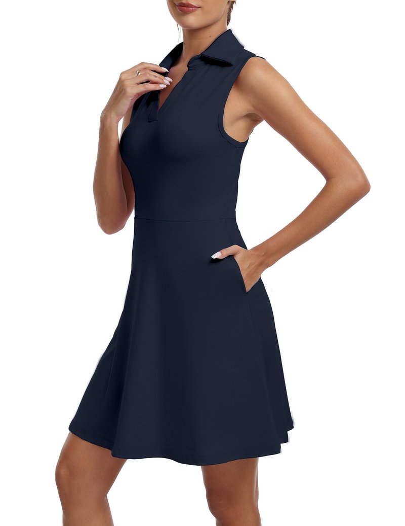 FKEEP Women's Golf Tennis Dress V-Neck with Shorts and Pocket Workout Athletic Dresses (Midnight Blue, S)