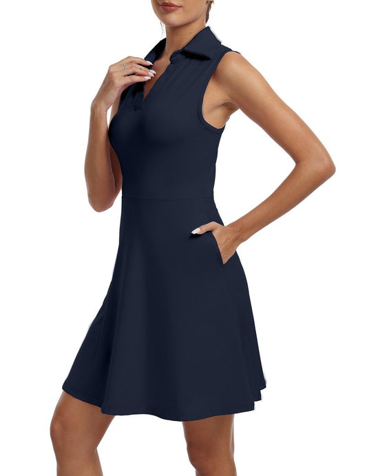 FKEEP Women's Golf Tennis Dress V-Neck with Shorts and Pocket Workout Athletic Dresses (Midnight Blue, S)