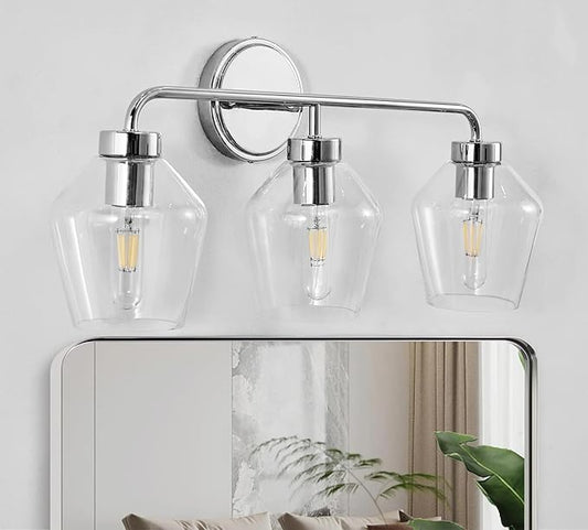 ANDY STAR Chrome Vanity Light, 3-Light Diamond-Shape Bathroom Light Fixture, Industrial Chrome Sconce, 25 Inch Modern Bath Light with Clear Glass for Bedroom/Living Room/Hallway