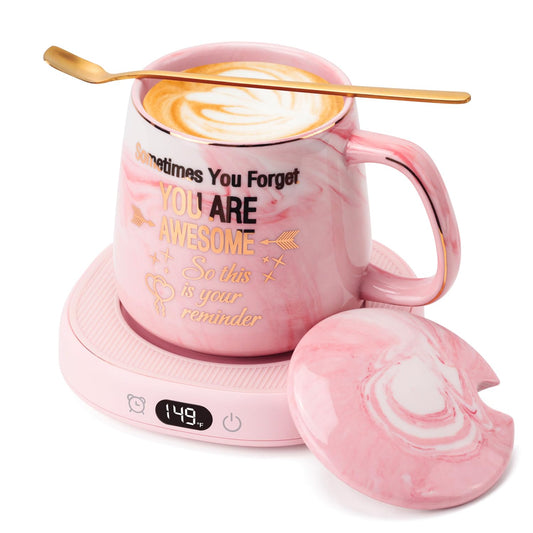Coffee Mug Warmer & You are Awesome Mug Set, Electric Cup Warmer for Desk Office Home, Beverage Warmer with 3 Temperature Setting, 8-Hours Auto Shut Off, Best Birthday Present Ideas for Women