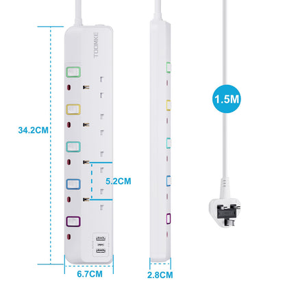 Extension Lead with USB Slots, Toomke 4 Way Plug Extension Socket with 2 USB-A and 1 USB-C, Mountable Power Strip with Individual Switches, UK Plug Socket 1.5m Extension Cord 13A 3250W