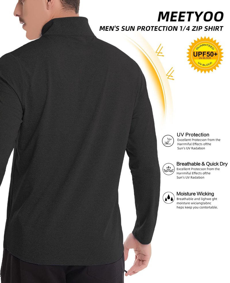 MEETYOO Quarter Zip Pullover Men,Long Sleeve Polo Shirts for Golf,1/4 Quick Dry UPF 50+ Sun Protection Sport Rash Guard Black