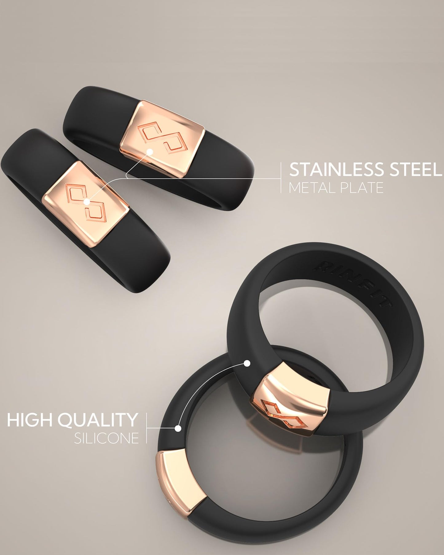 Rinfit Matching Silicone Rings for Couples - Silicone Wedding Bands Sets for Him and Her - MetalInfinity & Infinity Patented Design - Black & Black - Women 8 & Men 11