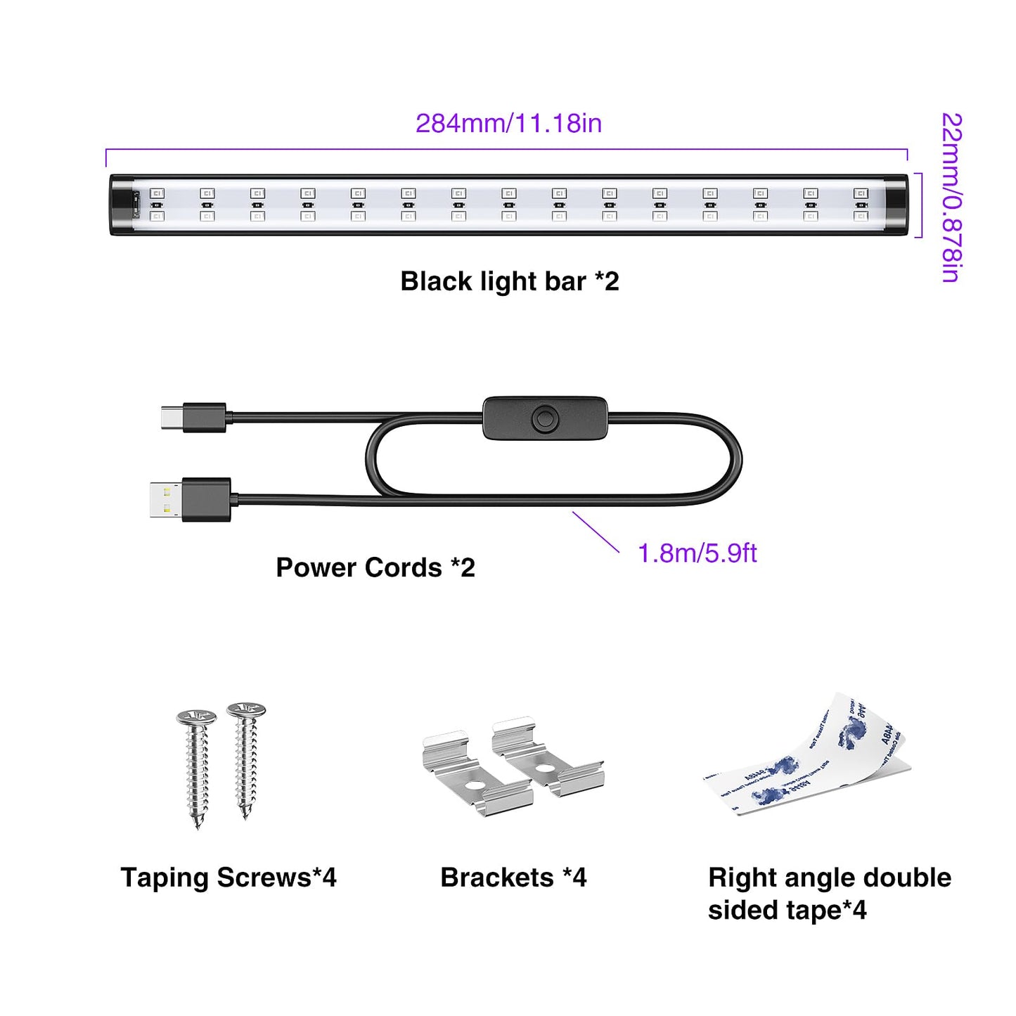 Onforu 2 Pack 10W LED Black Light Bar, 1ft, USB Blacklight Tube, Blacklight Bars with Switch, Black Light for Fluorescent Tapestry Poster, Cabinet, Glow Party, Halloween, Classroom, Body Paint