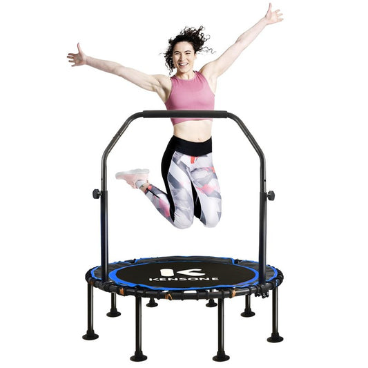 K KENSONE 48" Foldable Rebounder Trampoline for Adults with Bungee, 550 LBS Quiet Indoor Mini Trampoline for Adults Fitness with Adjustable U-Shaped Handle Bar for Gym Workout, Home Exercise, Blue