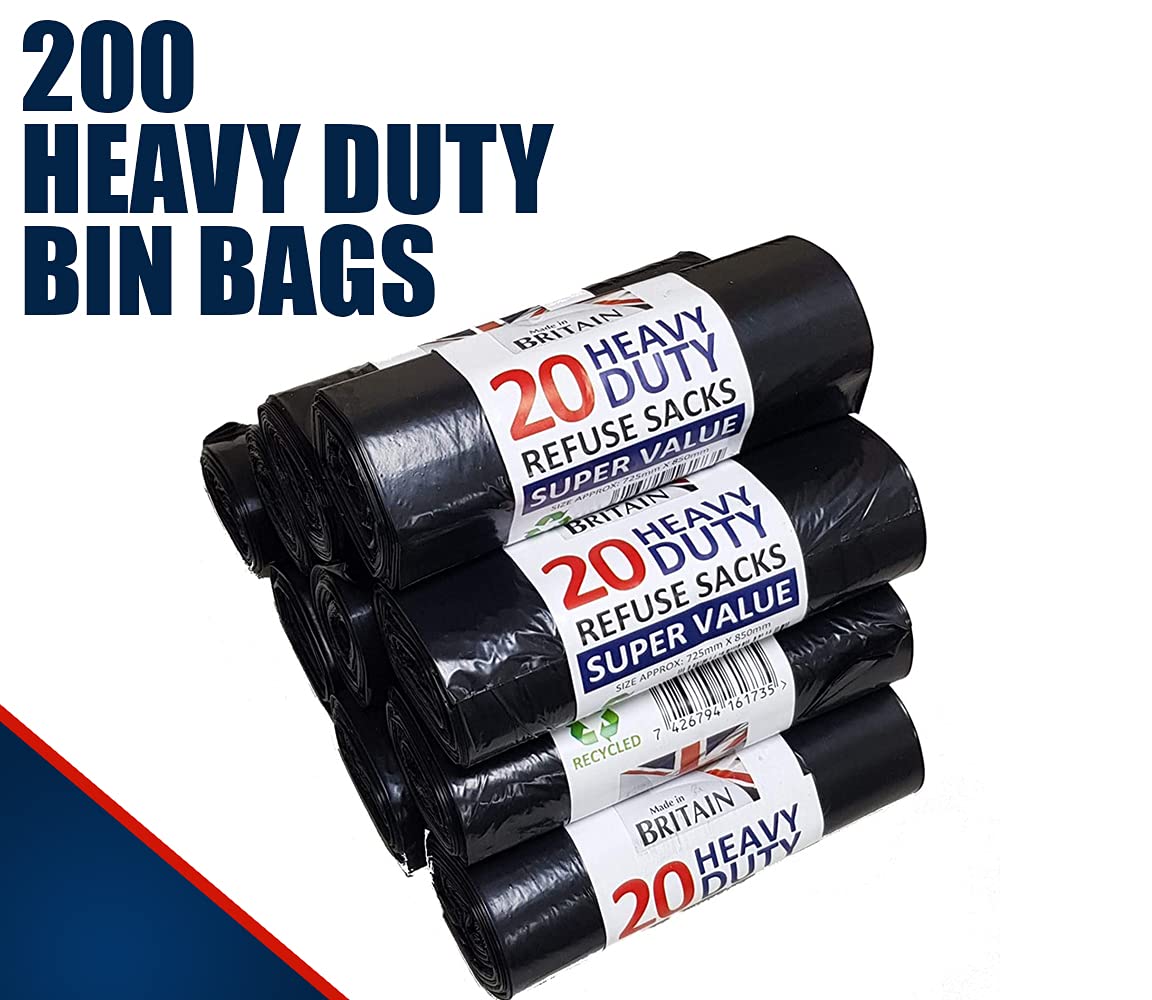 200 Heavy Duty Black Bin Liners Refuse Sacks Bin Bag Rolls - Made in Britain