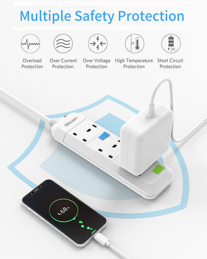 Mscien Extension Lead with Switches, 3 Way Plug Sockets with Overload Protection Surge Protection 1.8M Extension Cable Wall Mountable Power Strip