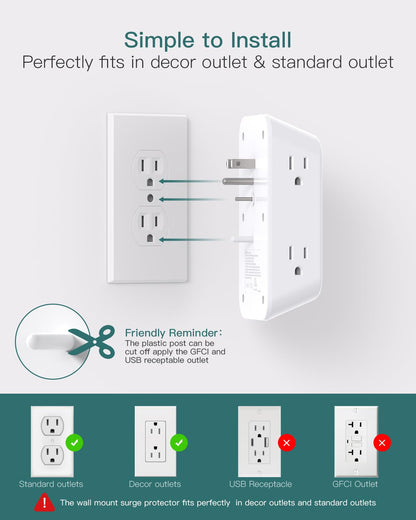 Addtam Surge Protector Outlet Extender, 6-Outlet Splitter with 4 USB Wall Charger(2 USB-C Ports), Multi Plug Wall Outlet 1800J Power Strip for Home Office Dorm Room Essentials