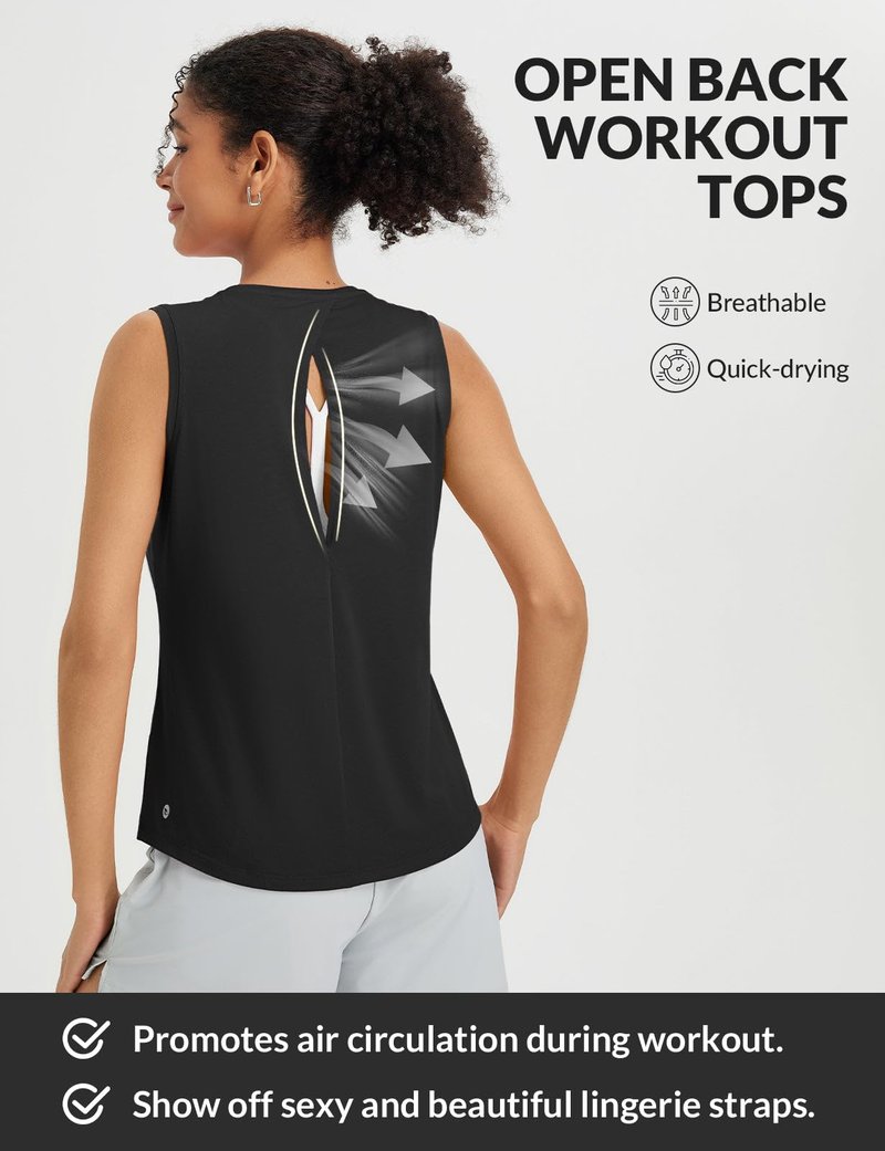 baleaf Women's Workout Tank Tops Open Back Yoga Top High Neck Sleeveless Shirts Running Loose Fit Athletic Gym Black M