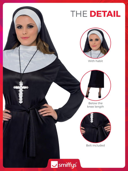 Smiffys Nun Costume, Black with Dress, Belt & Headdress, Saints and Sinners Fancy Dress, Nun Dress Up Costumes