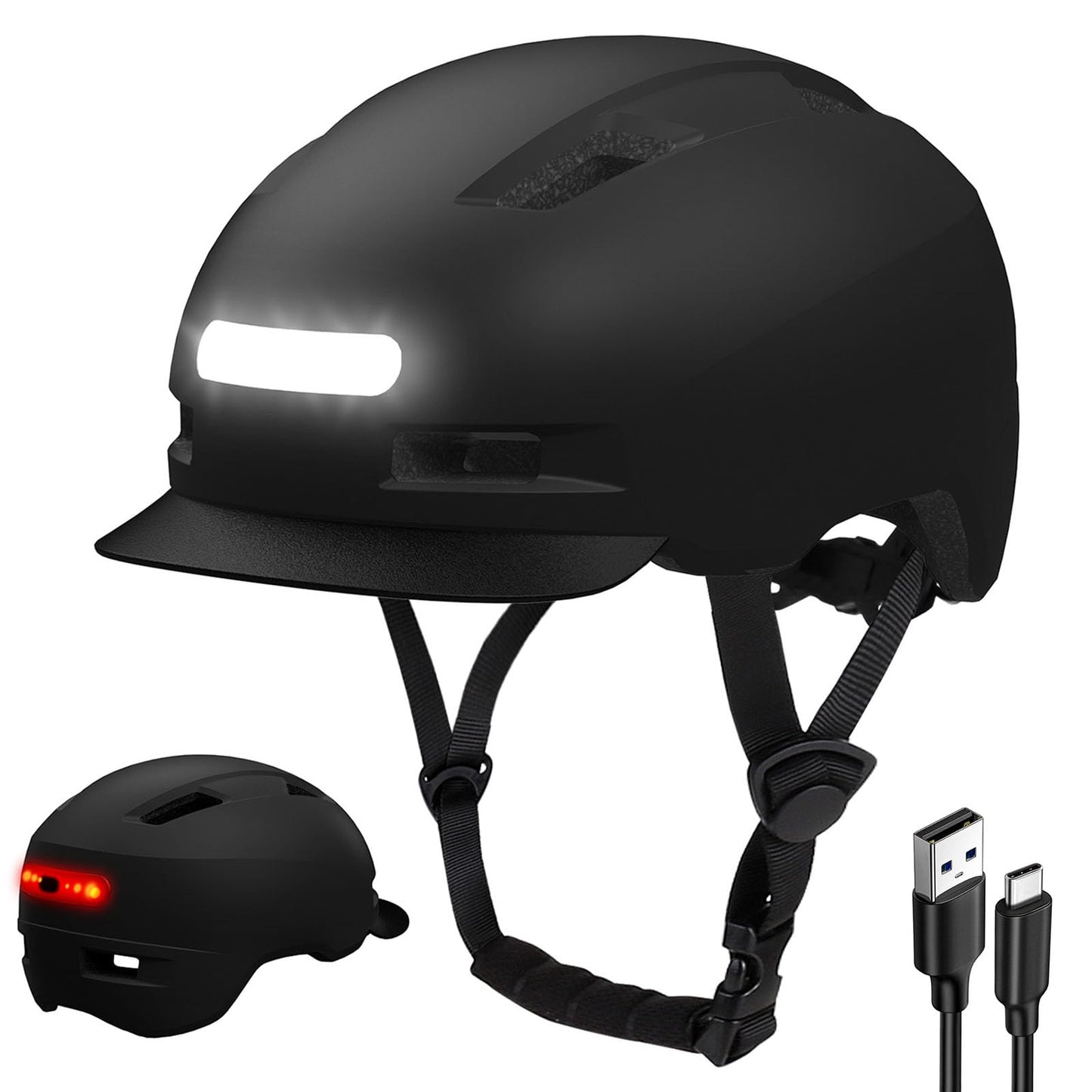 Bike Helmet, Shinmax Adult Cycling Helmet with USB Rechargeable LED Front and Back Light Bicycle Helmets for Men Women (Black, Large)