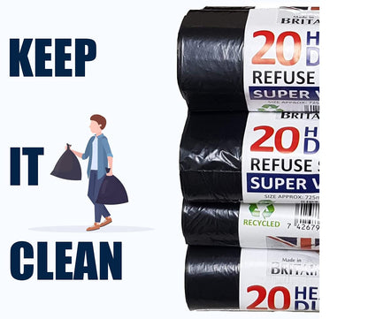 200 Heavy Duty Black Bin Liners Refuse Sacks Bin Bag Rolls - Made in Britain