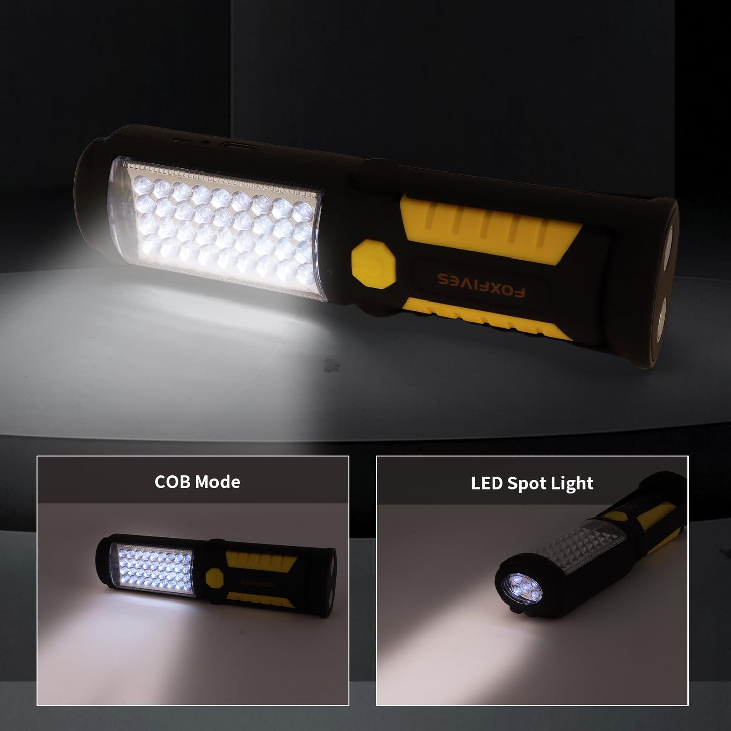 Powerful 36+5 LED 3000 Lumens Portable Flashlight Torch Rechargeable Inspection Lamp Camping Light Hands-Free Garage Workshop Flashlight for Work with Adjusting Stand, Hanging Hook and Magnet Base
