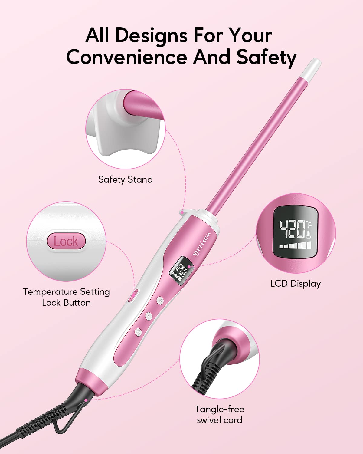 Wavytalk 3/8 Inch Small Curling Iron Wand for Short & Long Hair, Ceramic Barrel with Adjustable Temperature, Heat Resistant Glove Included (Rose Pink)