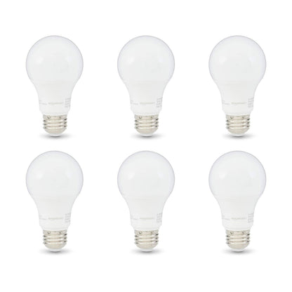 Amazon Basics A19 LED Light Bulbs, 60 Watt Equivalent, Energy Efficient 9W, E26 Standard Base, Soft White 2700K, Dimmable, 10,000 Hour Lifetime , 6-Pack
