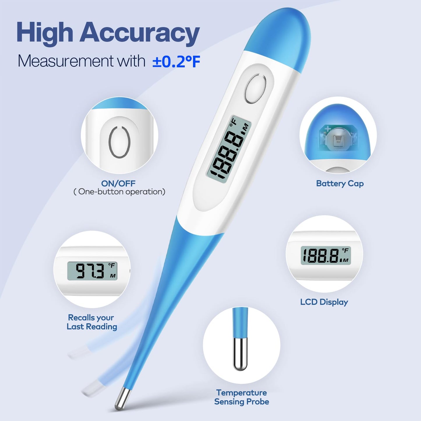 Boncare 10 Seconds Oral Thermometer for Adults and Kids - Accurate & Safe Rectal Thermometer for Baby with Fever Alarm, Digital Thermometer FSA HSA Eligible (Light Blue)