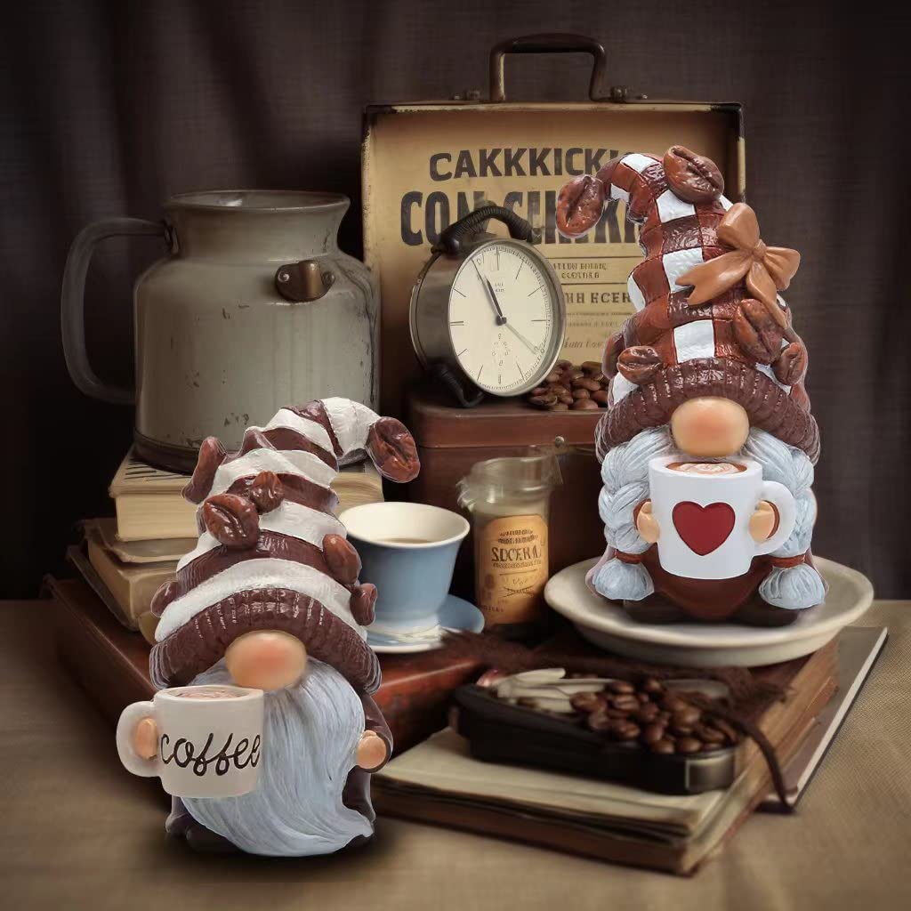 Hodao 2PCS Coffee Gnomes Figurines - Swedish Tomte Elf Dwarf Decor for Bar, Home, Gifts, Holiday Coffee Corner Decoration, Cute Christmas Farmhouse Tiered Tray Ornament for Kitchen Display