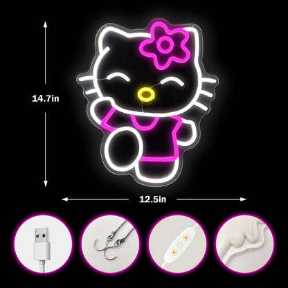 Hello Kit Neon Sign Dimmable Kitty Signs Kawaii Cat Anime Neon Led Sign Room Decor Lights for Girl's Room Child Bedroom Birthday Halloween Christmas Gift 14.7’’x12.5’’
