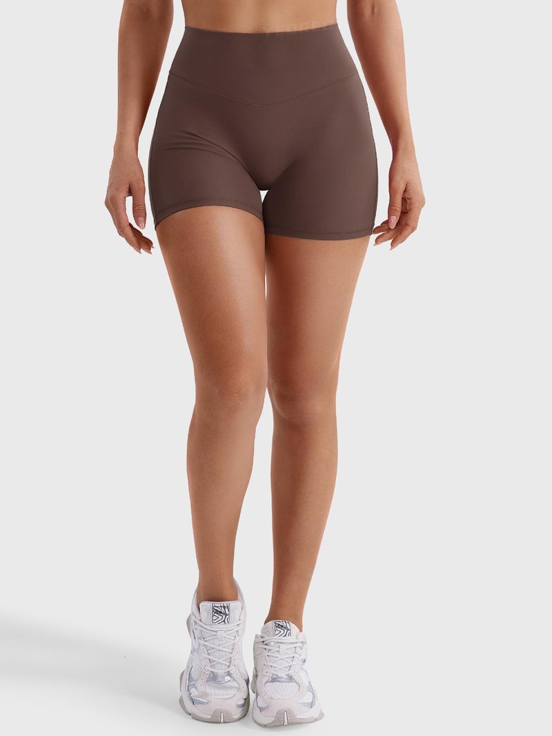 YEOREO SoftHue Women Workout Gym Shorts Impact 4.5" ScrunchHigh Waist Yoga Biker Shorts with Tummy Control Chocolate-XL