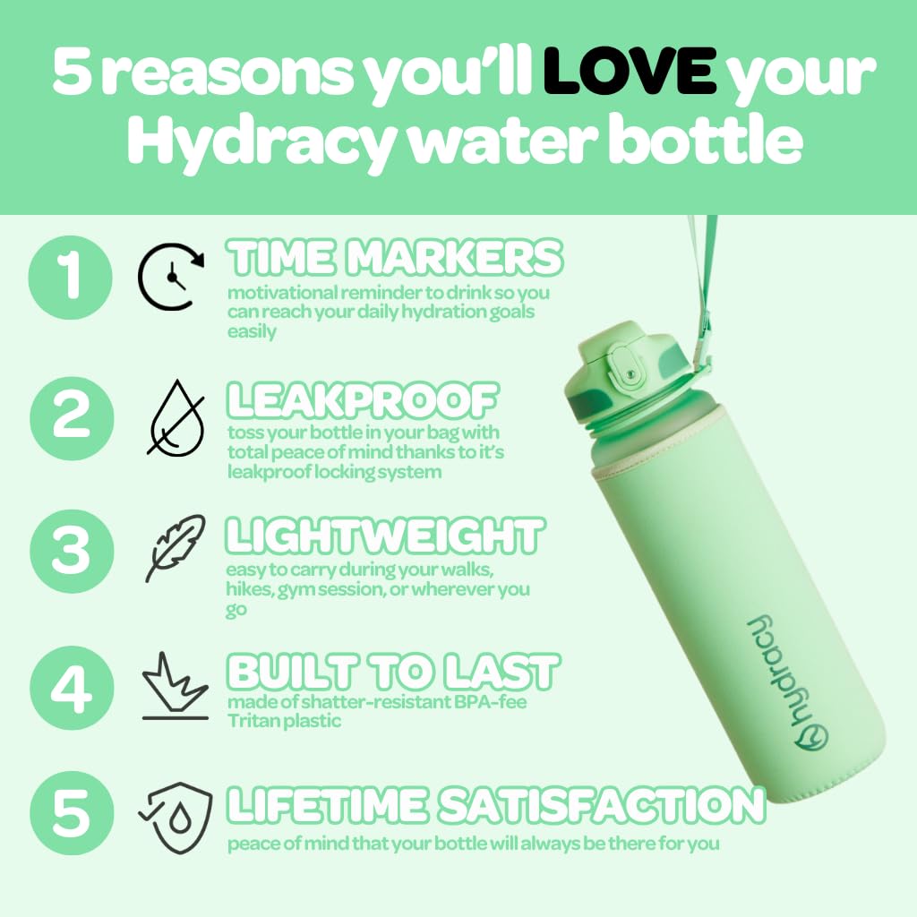 Hydracy Water Bottle with Time Marker -Large 32 oz BPA Free Water Bottle & No Sweat Sleeve -Leak Proof Gym Bottle with Fruit Infuser Strainer & Times to Drink -Ideal for Fitness Sports & Outdoors