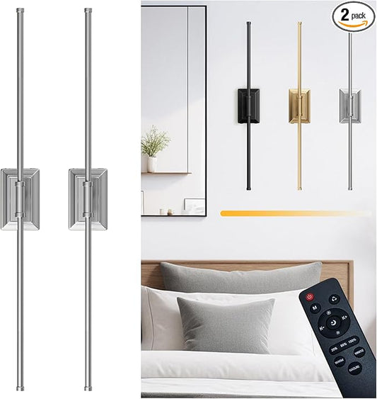 Battery Operated Wall Light Set of 2 - Silver Picture Wireless Led Plug In Walls Sconce Fixture Indoor - Art Decor Bathroom Sconces Rechargeable - Modern Bedroom Cordless Lights Fixtures with Remote