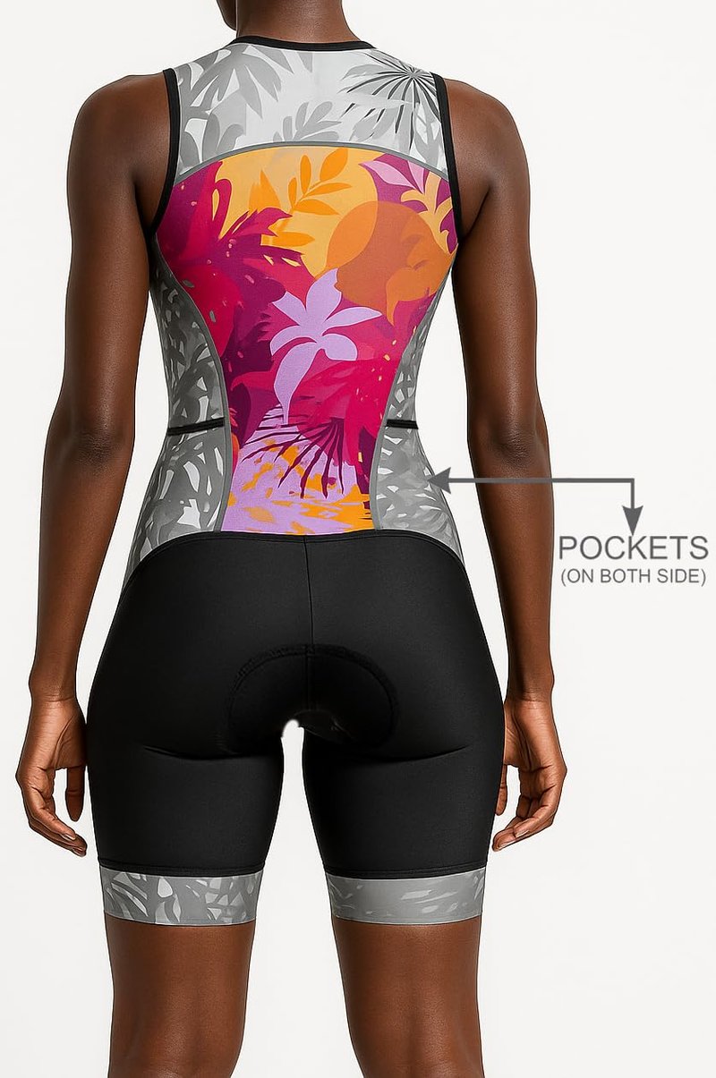 WIXEN Women's Triathlon Suit Sleeveless Tri Suit Padded Cycle Race Swim Bike Run Trisuit Back Pockets (Multi Leafs, XL)