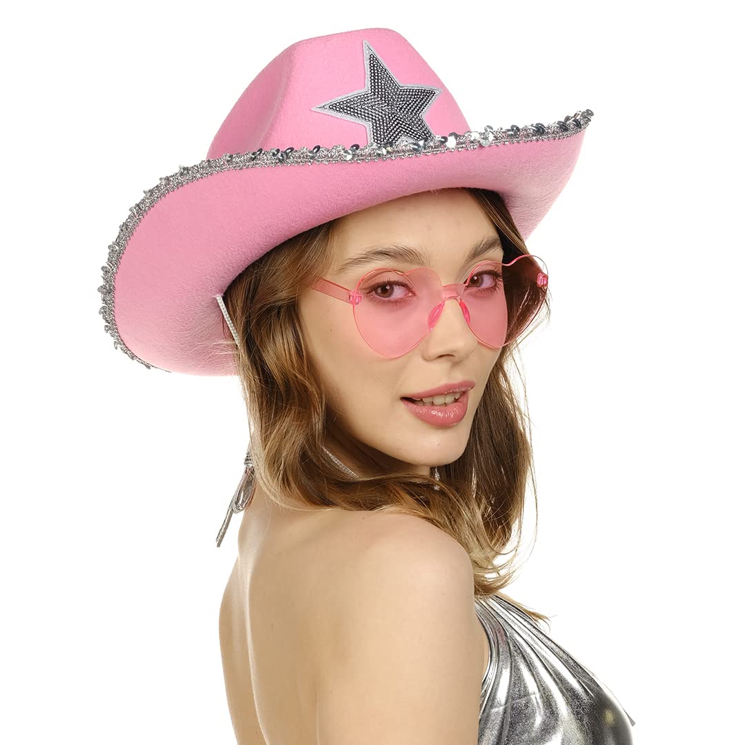 Funcredible Pink Cowboy Hat and Glasses - Preppy Cowgirl Hat with Star - Sparkly Cowboy Hats - Cowgirl Outfit Accessories for Women and Girls