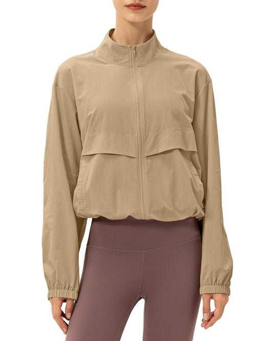 Locachy Women's Lightweight Zip Up Athletic Jacket Stand Collar Windproof Sun Protection Workout Outdoor Jacket Khaki L