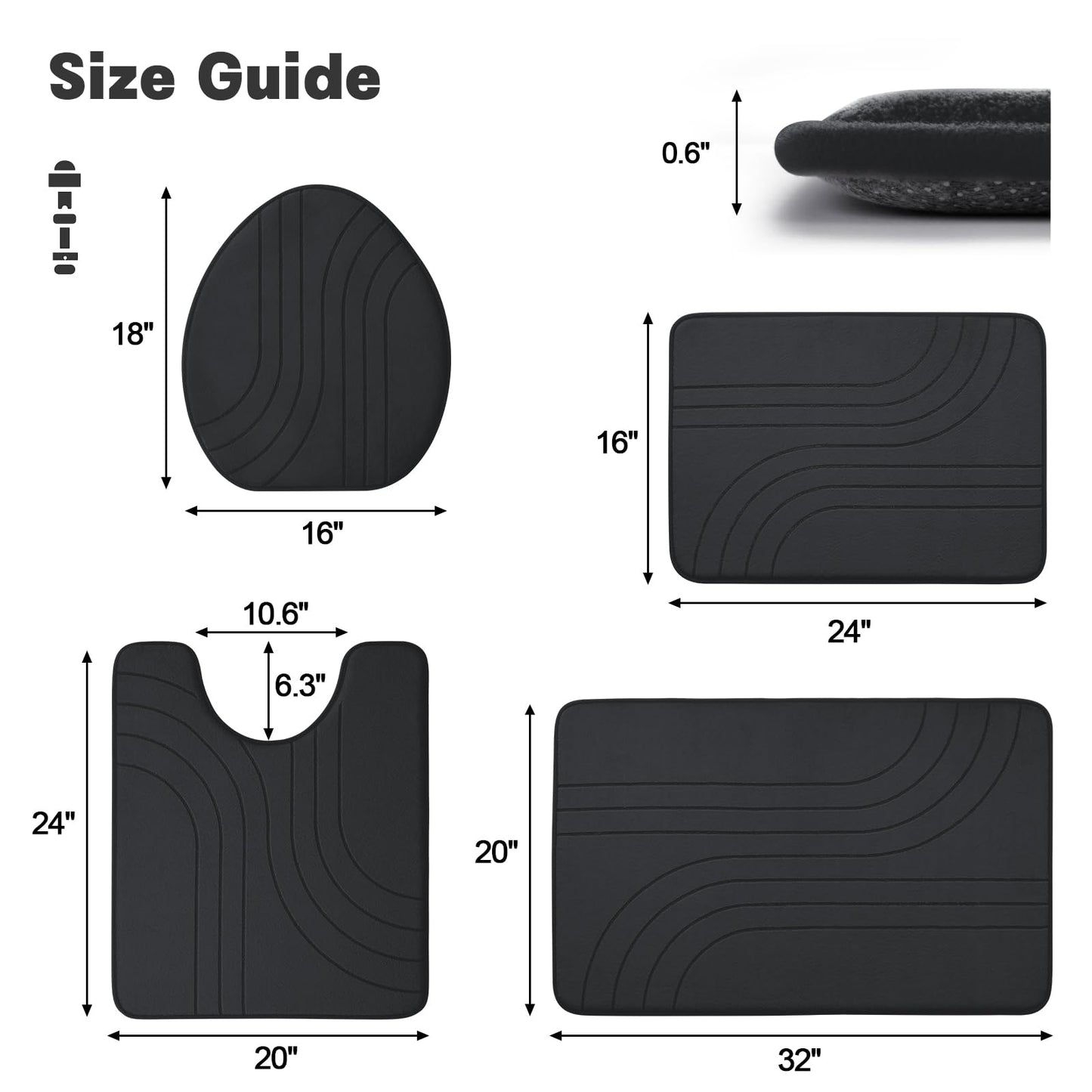 YIHOUSE Memory Foam Bathroom Rugs Set 4 Pieces, Soft Non Slip Bathroom Mats Set, Extra Thick Bath Mats for Bath Room, Machine Washable Bath Rugs for Tub, Toilet and Floor (Black)