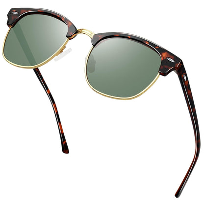 KANASTAL Dark Green Sunglasses Mens Polarised Womens Half Framed Horn Rimmed Sun Glasses Square Female Retro Semi Rimless Browline - Tortoiseshell Green Lens