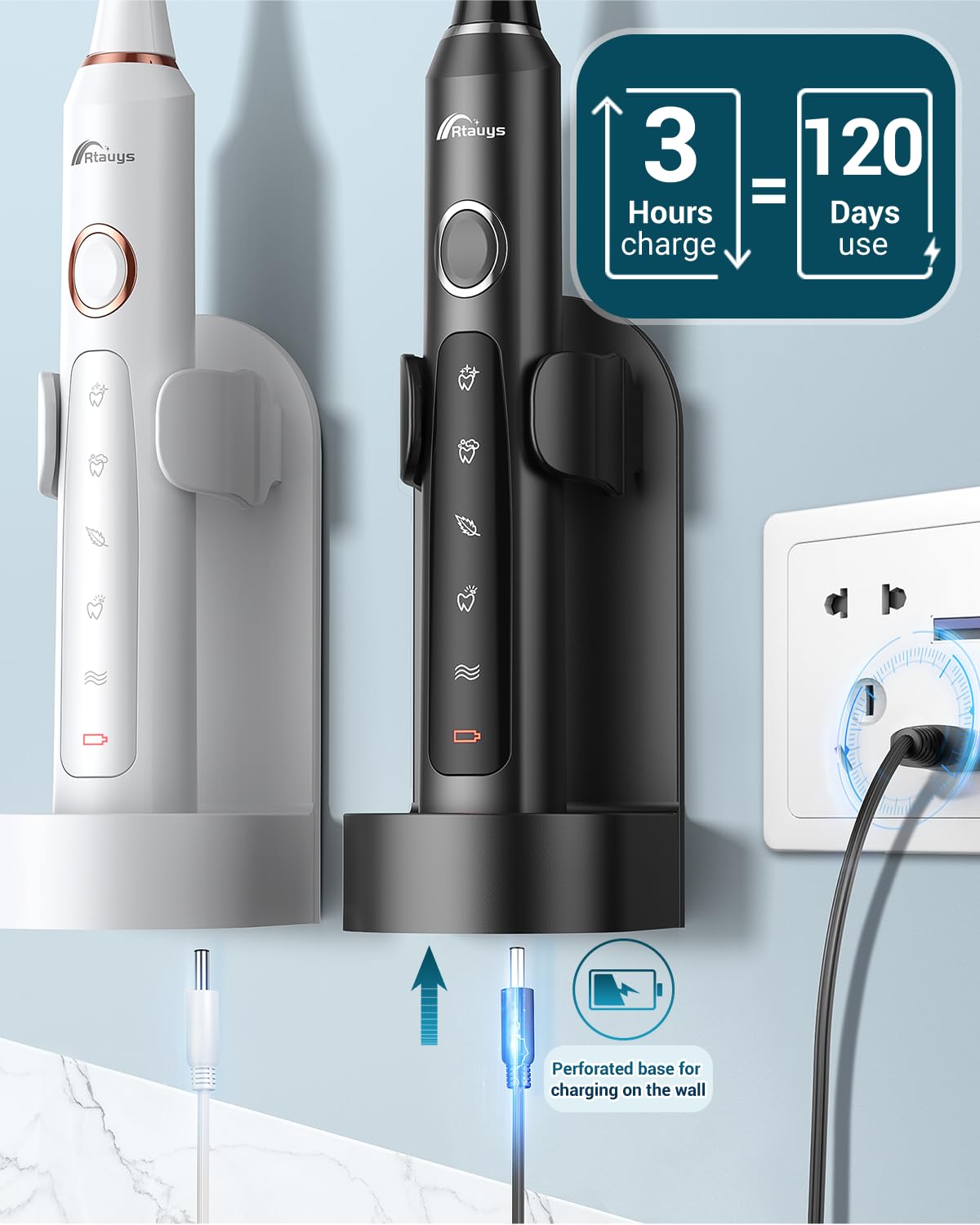 Rtauys M5 Sonic Electric Toothbrush for Adults and Kids - Rechargeable Electric Toothbrush Kids Ages 12+ and Adults with 8 Brush Heads & Travel Case, 120 Days Battery Life - Pink
