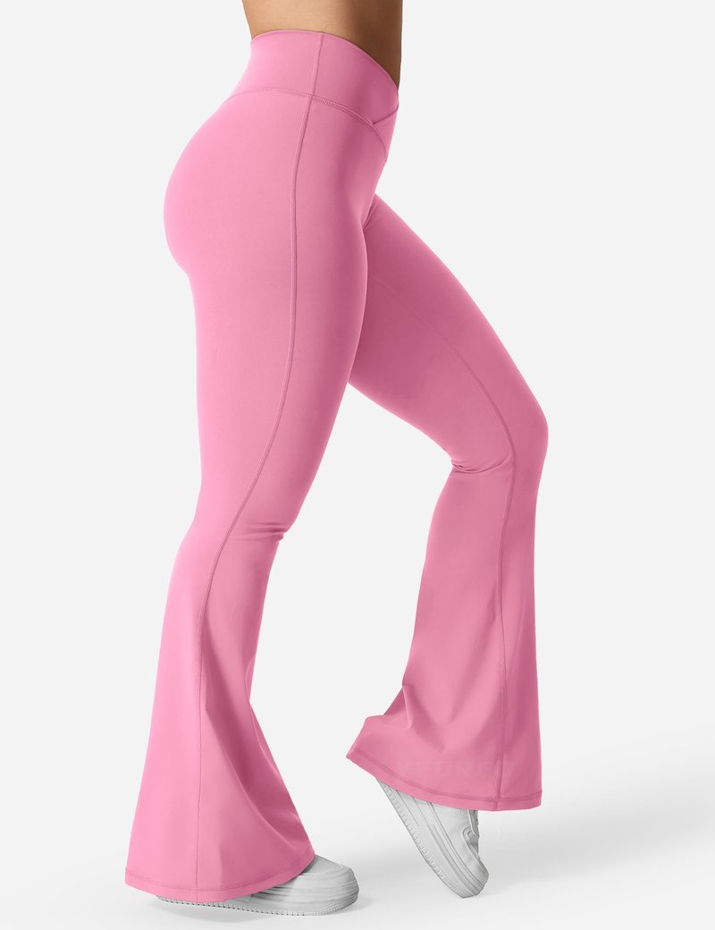 YEOREO Kalie Flare Scrunch Leggings for Women V Cross Waist Bell Bottom Yoga Pants Tummy Control Bootcut Workout Leggings Begonia Pink M