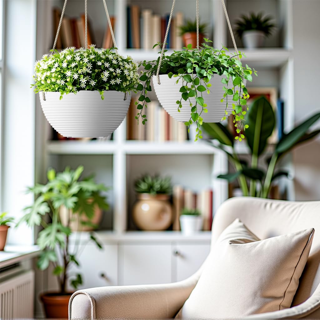 Asnext Line Pattern 10 Inch Hanging Planter for Indoor Outdoor Plants, 2 Pack Round Hanging Pots for Plants (White)