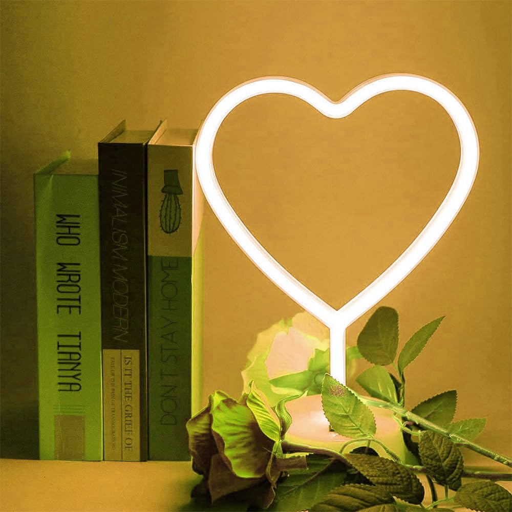 BHCLIGHT Pink Heart Neon Sign, Valentines Day LED Neon Light Battery Operated or USB Powered Valentines Pink Heart Lights, Table Lamp for Galentines Day Decorations, Wedding, Gifts for Women, Lover