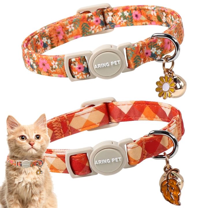 ARING PET 2 Pack Cat Collars, Breakaway Cotton Fall Halloween Kitten Collar with Bells for Girl Boy Cats Floral & Orange Plaid