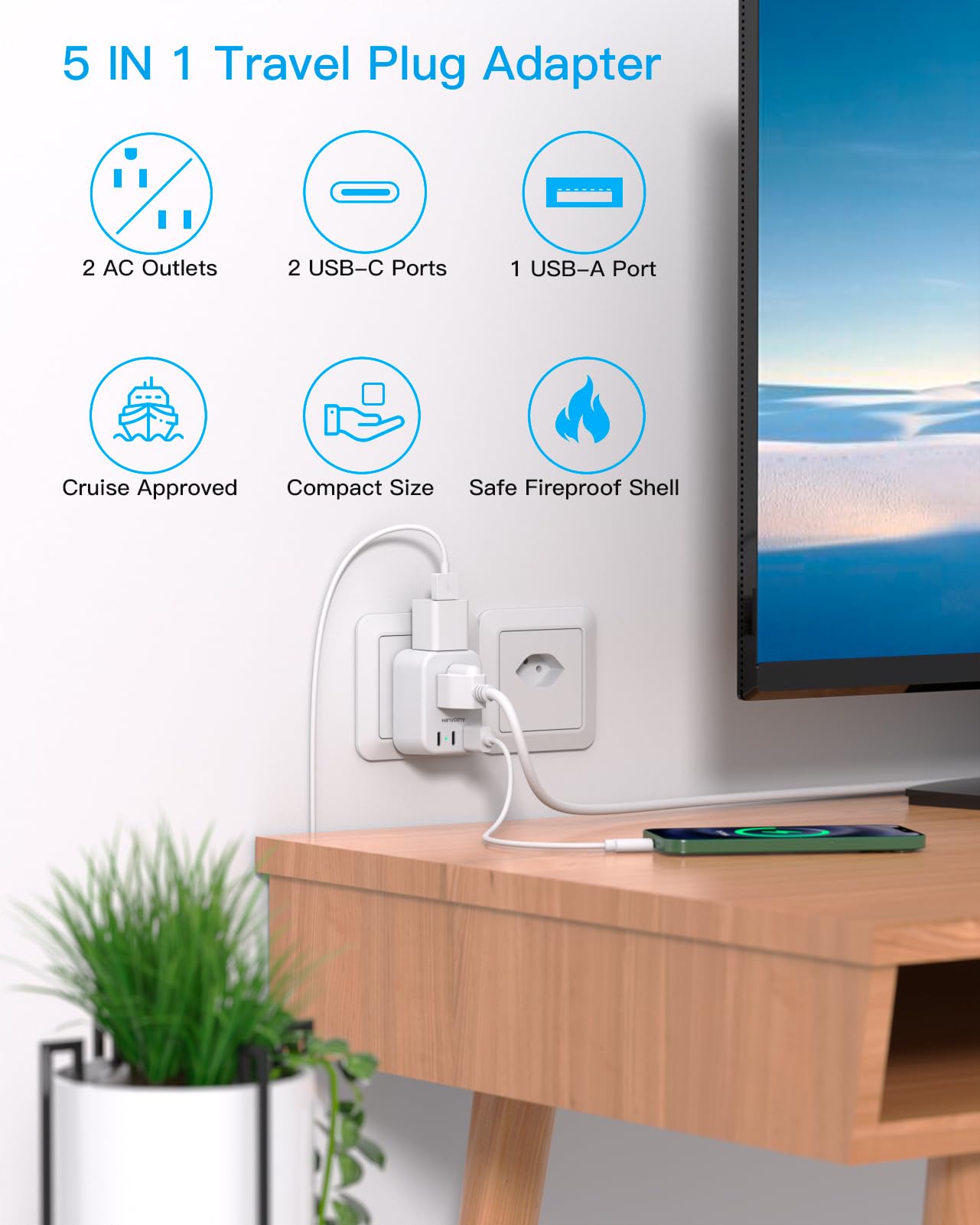 HANYCONY Brazil Power Adapter, Type N Plug Adapter with 2 Outlets 3 USB Ports (2 USB C), Travel Adapter for US to Brazil Brazilian Brasil
