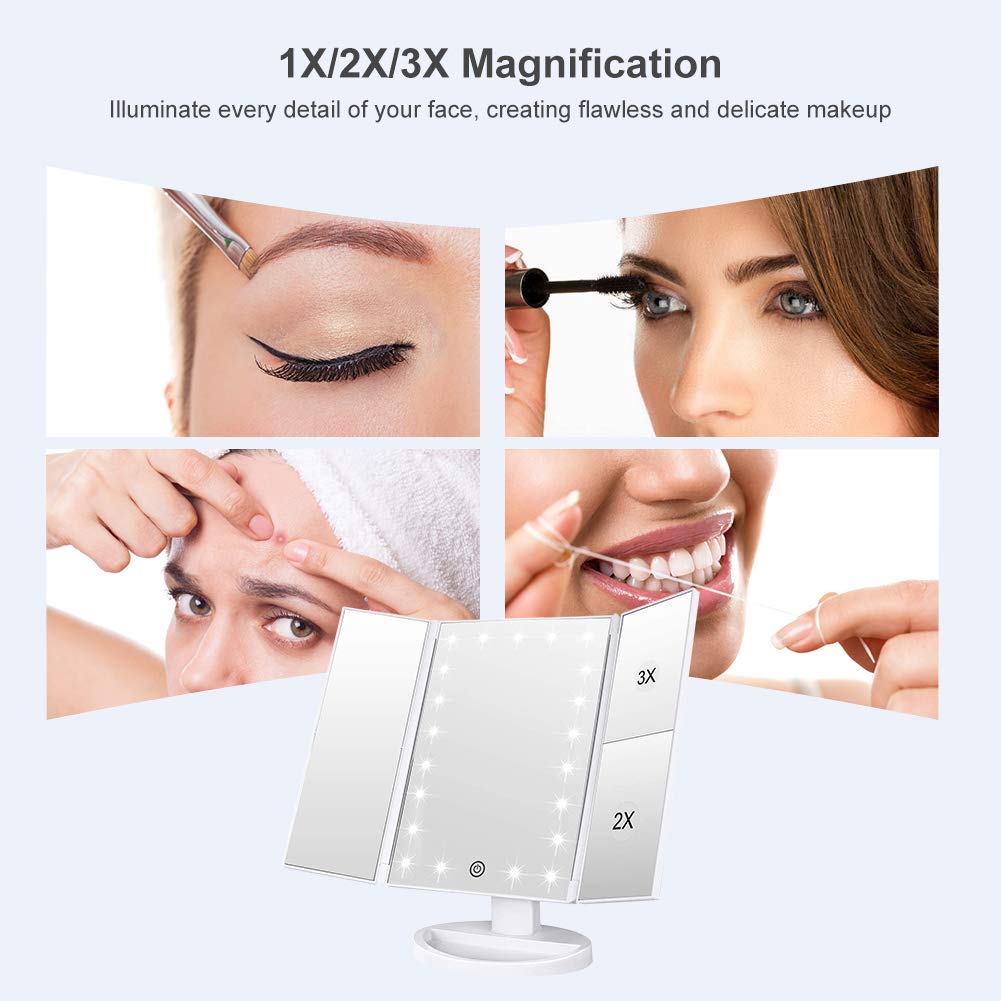 WEILY Makeup Mirror, 1x /2x/3x Trifold Makeup Mirror with 21 LED Lights and Adjustable Touch Screen Mirrors Cosmetic Countertop Mirrors (White)