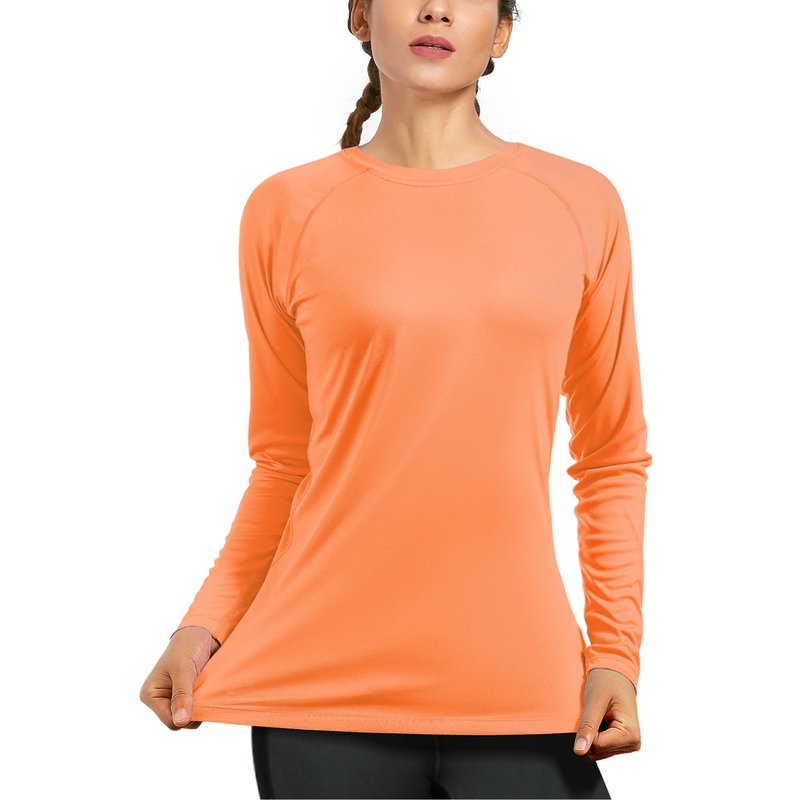 isnowood Womens Long Sleeve Rash Guard, UV UPF 50+ Sun Protection Shirts, Quick Dry Lightweight Tops for Swimming Workout Hiking Running Orange