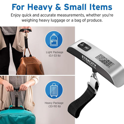 Etekcity EL11 Luggage Scale, Digital Portable Handheld Suitcase Weight for Travel with Rubber Paint, Temperature Sensor, 110 Pounds, Battery Included, Silver