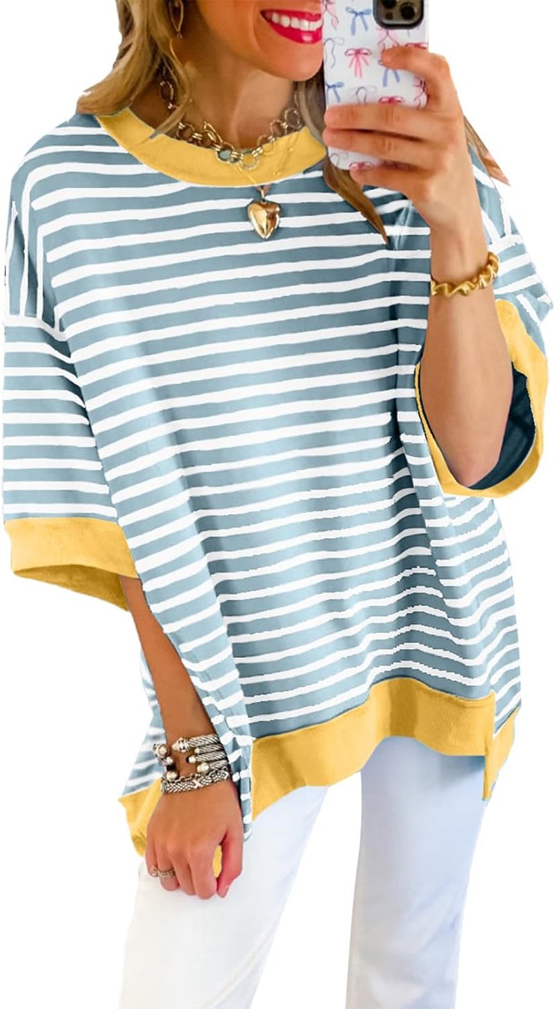 Casual Women's Striped Sweatshirt - Short Sleeve Crewneck Pullover T-Shirt | Loose Fit Blouse
