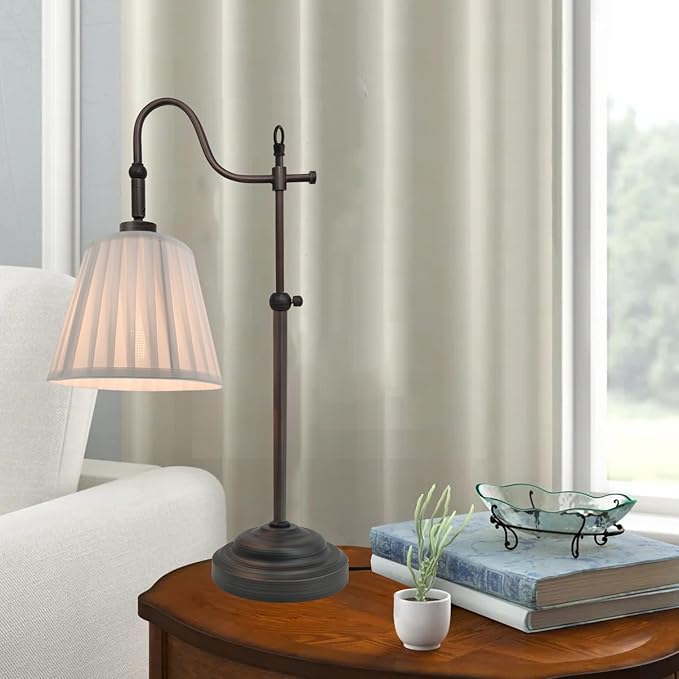 Farmhouse Table Lamps for Living Room, Rustic Desk Lamp with Adjustable Height, Industrial Reading Vintage Light with Pleated Fabric Lampshade for Bedroom, E26