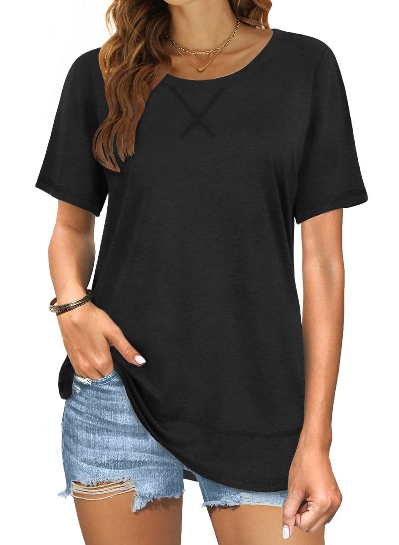 Summer Tops for Women Short Sleeve Fit Shirts Curved Hem Tunic Black L