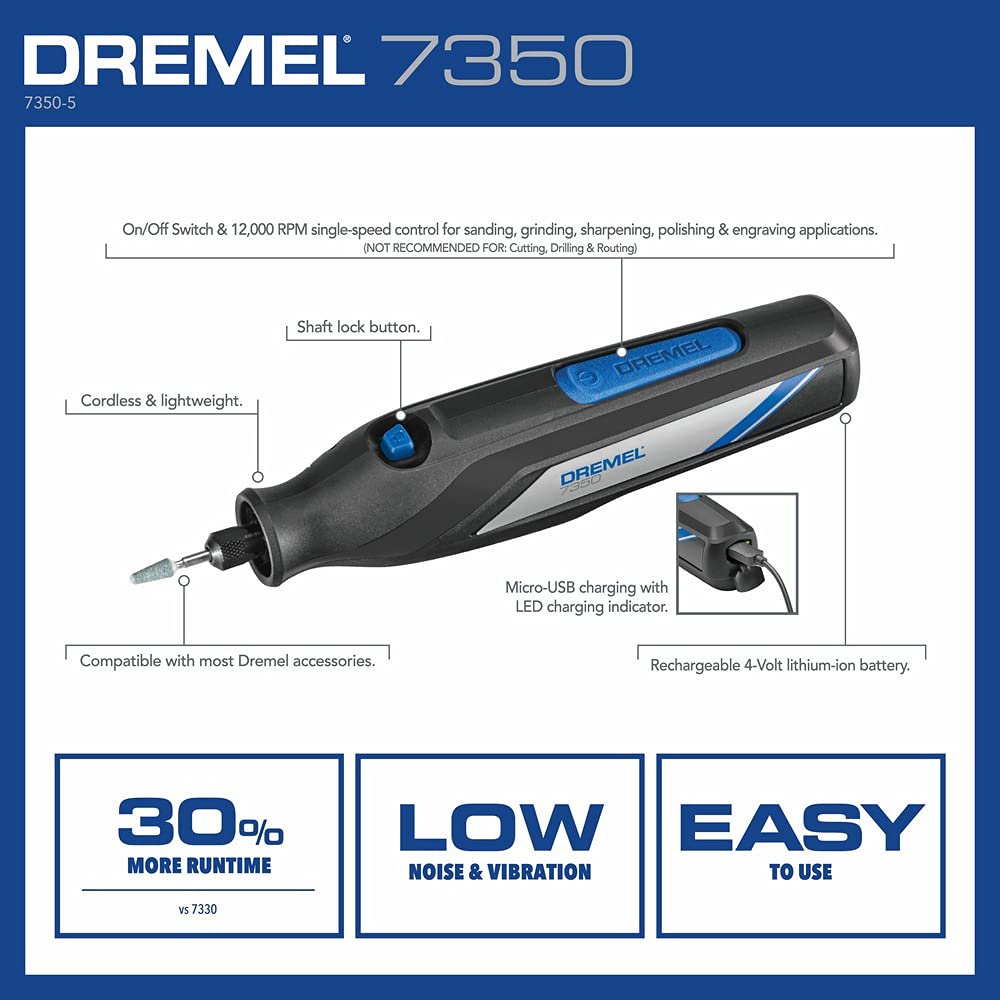 Dremel 7350-5 Cordless Rotary Tool Kit - Includes 4V Li-ion Battery and 5 Rotary Tool Accessories - Ideal for Light DIY Projects and Precision Work